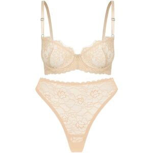 Lace Underwire Bra & High-Cut Thong Set - Beige